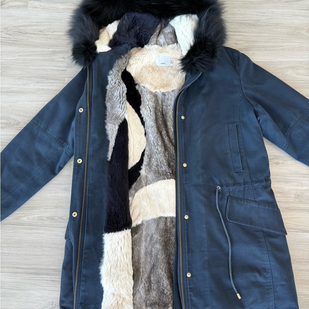 Vince Navy Blue Parka Coat with Dyed Fox Fur Lining